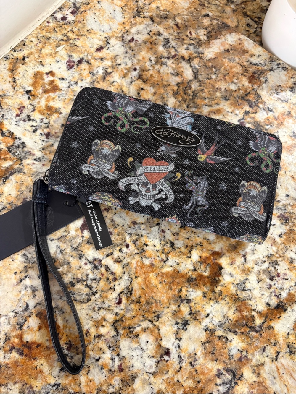 Ed Hardy dark denim Tattoo-Print Kids Wristlet Wallet